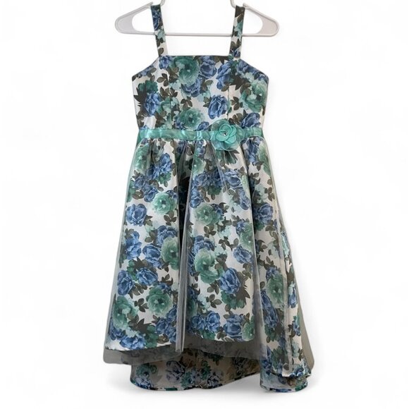 Girls Floral Sleeveless High-Low Dress With Tulle Overlay & Flower Accent 14 - Picture 1 of 14